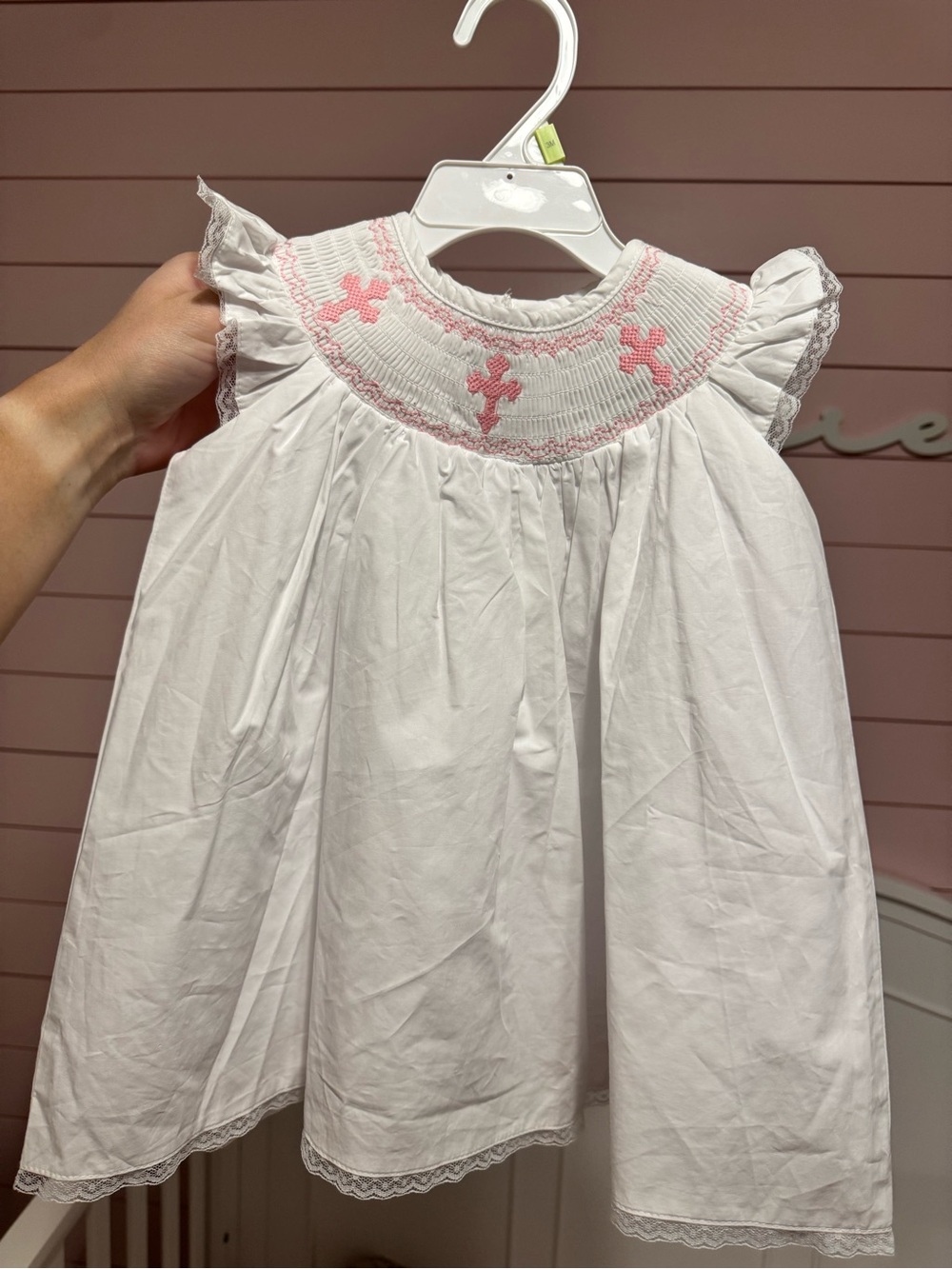 White Smocked Girls Dress with Pink Embroidery